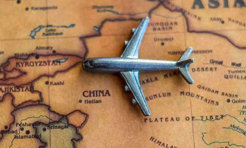 Toy Airplane on Map of China. Shallow depth of field from use of macro lens
